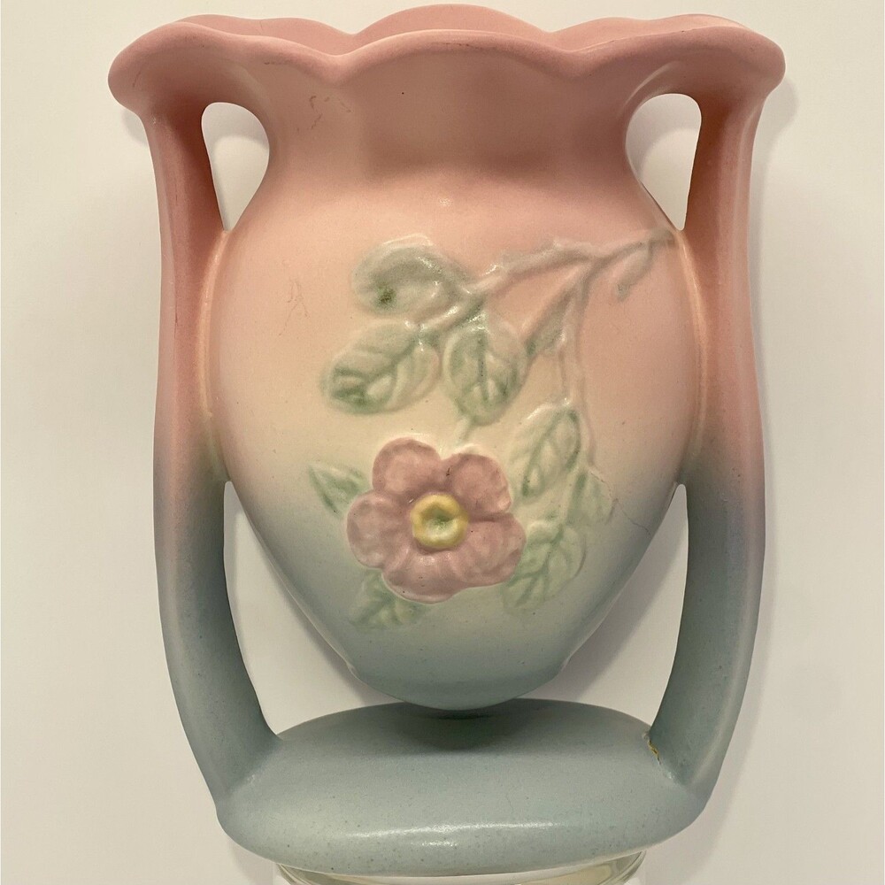 Vintage 1940's Hull Art Pottery Vase 502-6 1/2 Dogwood Wild Rose Pink Blue USA